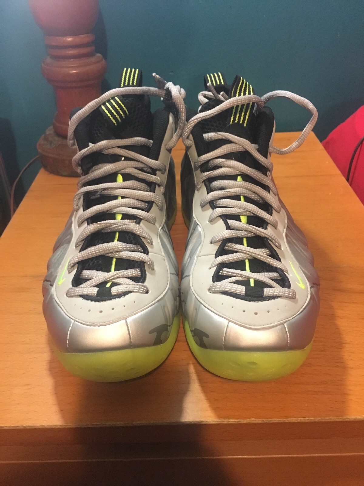silver and lime green foamposites