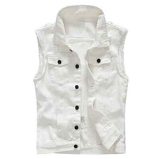 Sokotoo Men's slim fit white denim vest Black buttons holes ripped jean