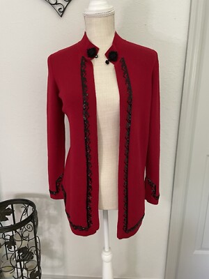 Bloomingdales Cardigan Sweater Womens Red Wool Sequined