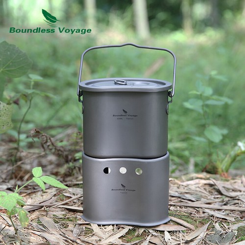 Camping Titanium Pot Wood Stove Set 2 in1 Outdoor Canteen Cup Hanging Pot Burner - Picture 5 of 8