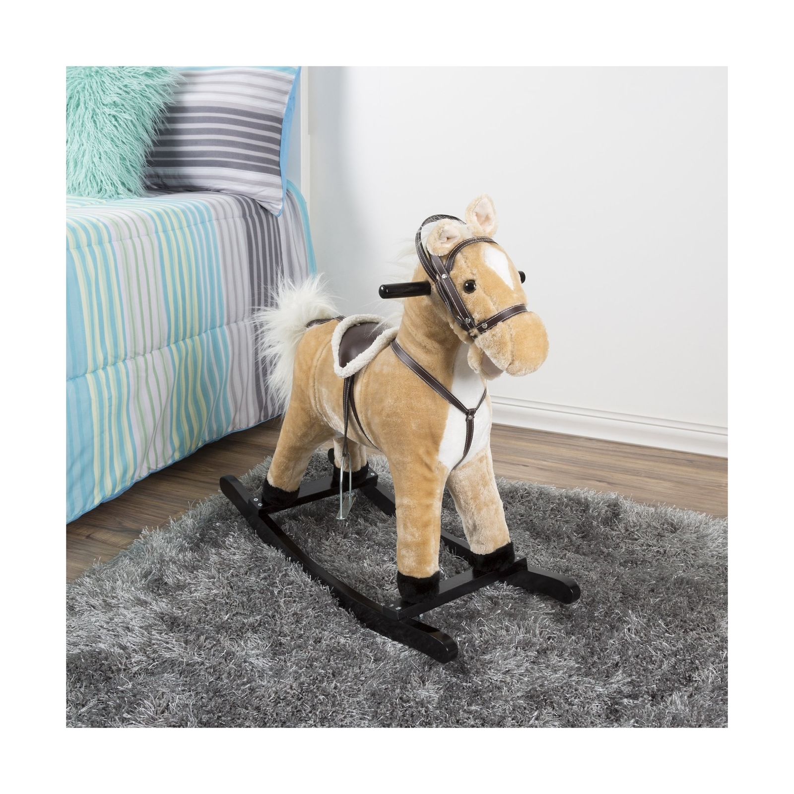Rocking Horse Plush Animal on Wooden Rockers with Sounds, Stirrups