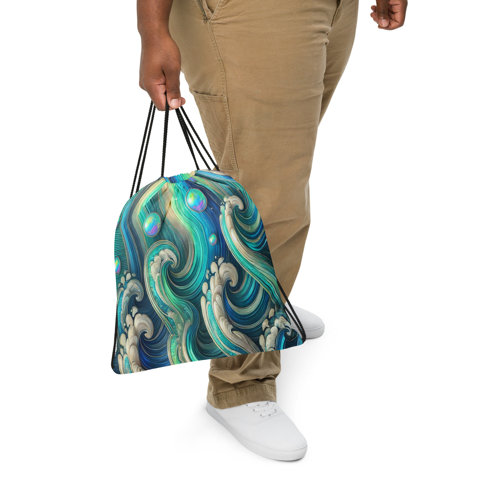 Bolso Turquesa Ópalo Olas Océano Cordón Azul Iridiscente, Psicodélico