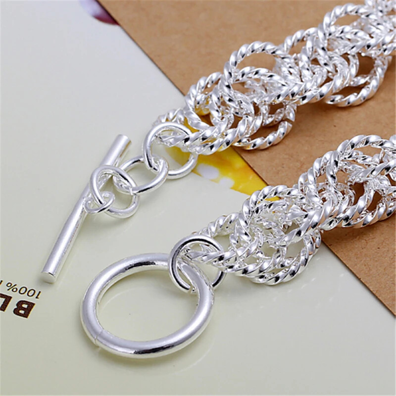 DOTEFFIL 925 Sterling Silver Wide Wristband Bracelet - Chain Link Fashion Jewelry (Silver)