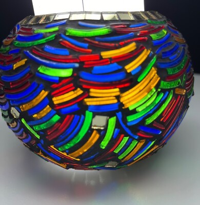 Handmade Mosaic Tea Light Glass Votive 9'' Tall Rich Color Palette Black Mirror