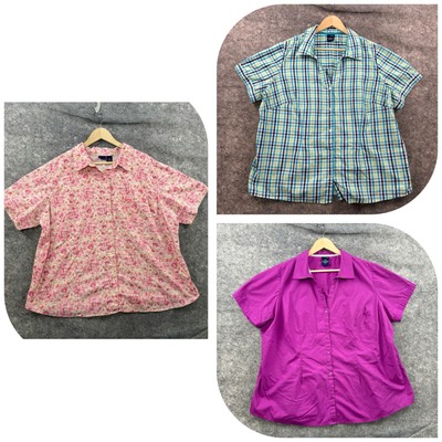 Basic Editions Shirt Womens Plus 2X Blue Pink LOT x 3 Floral Plaid Button Up