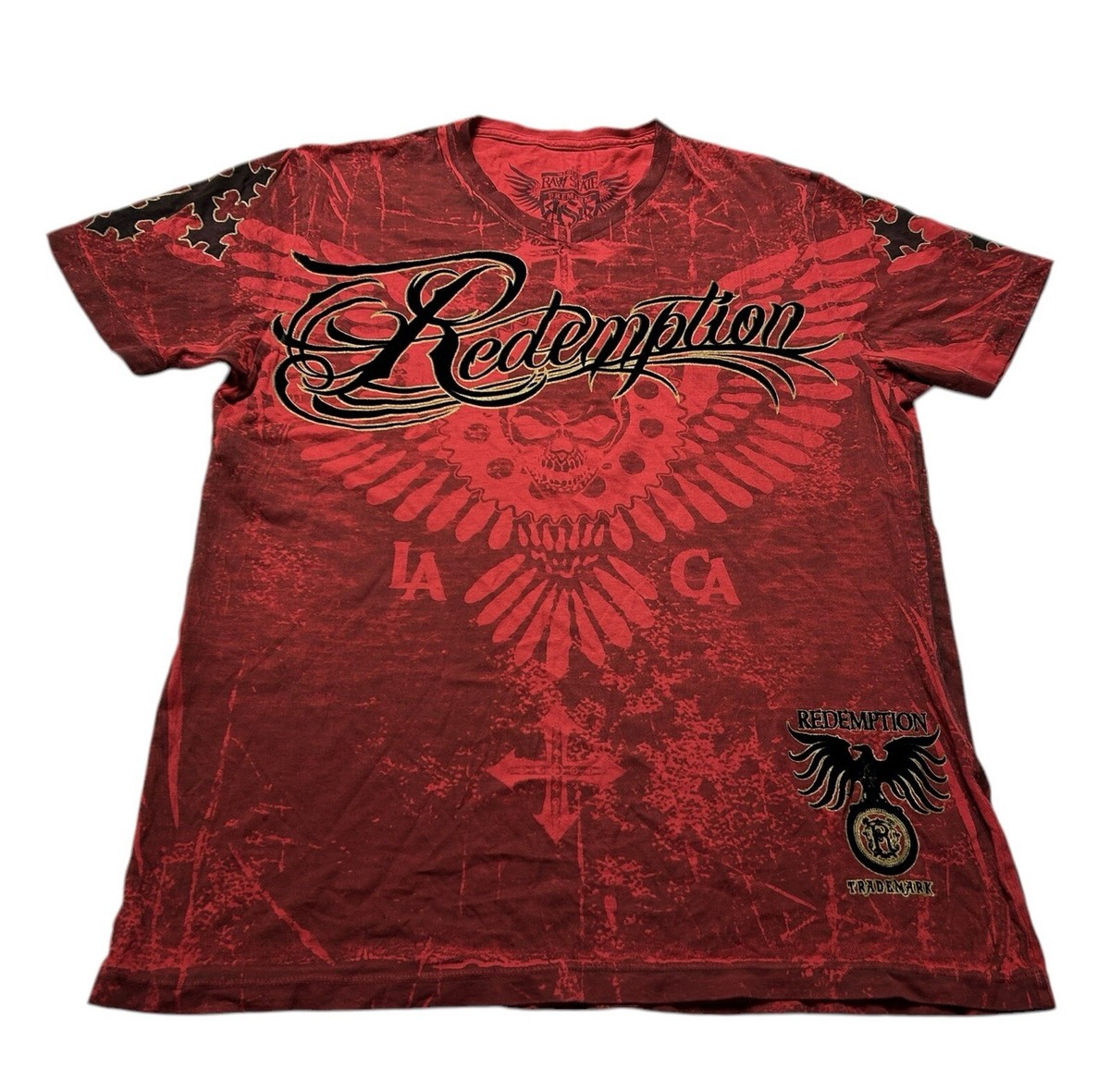 Vintage Y2K Raw State Premium Redemption Skull V-Neck Red T Vintage Y2K Raw State Premium Redemption Skull V-Neck Red T