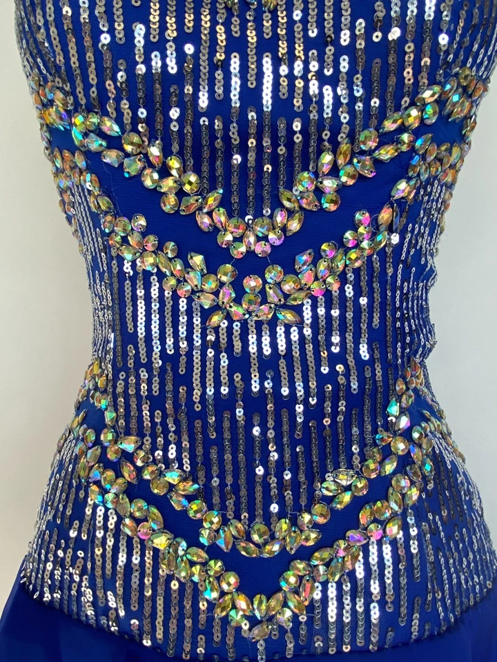 Blue Dress Size 14 Beaded Chiffon Cobalt Short Ruffled Skirt Royal Lace Up Sz 14 - Image 3 of 4