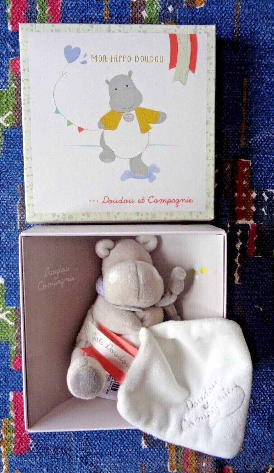Doudou mouchoir Mon Hippo Doudou et Compagnie blanc et gris pour bébé