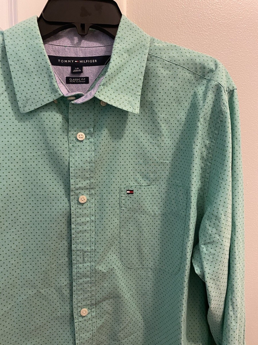 Tommy Hilfiger Men's Mint Green Polka Dot Button Down Dress Shirt Classic L  | eBay