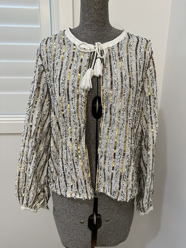 Sportsgirl Cotton Chenille Sequin Metallic Gold Jacket Size 8 10 12 S M L Boho