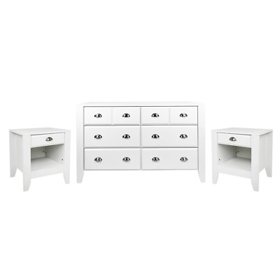 Noble House Bellic Faux Wood 3 Piece Double Dresser and Nightstand Bedroom Set, White