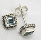 Square Art Studs Earrings 0.3" 1.9 Grams Hot Deals For You 925 Silver Blue Topaz