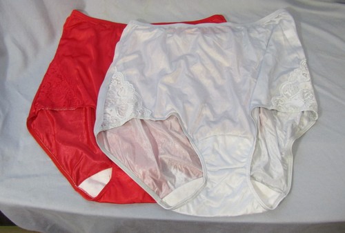 Shadowline 100% Shiny Nylon and Lace Brief Panty 2pr NWOT Size 7 Silver and Red