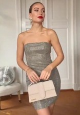 ZARA NEW WOMAN OFF-SHOULDER STRAPLESS DRESS RHINESTONES BROWN Size S 901/201