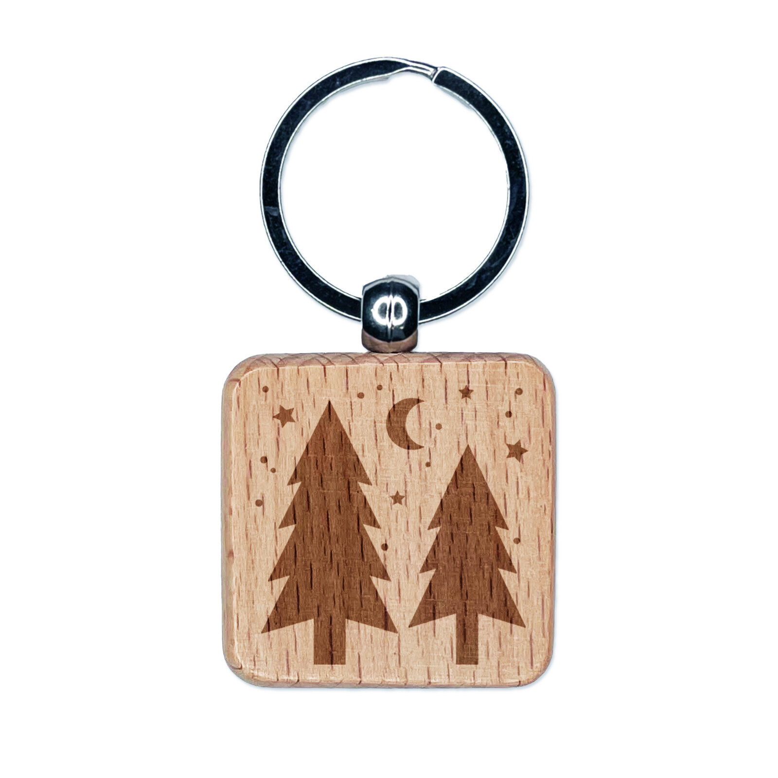 Evergreen Trees Night Sky Engraved Wood Square Keychain Tag Charm