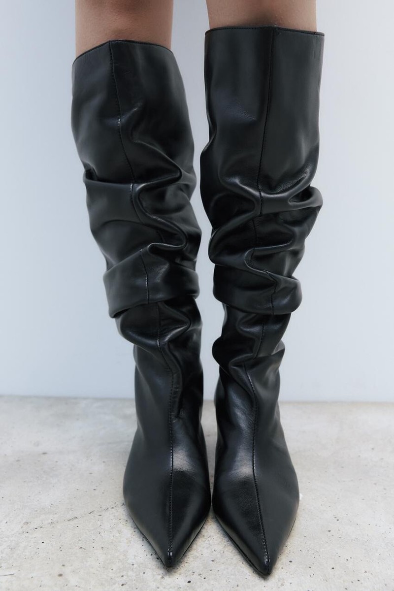 ZARA WOMAN NWT FW23 GATHERED LEATHER HIGH-HEEL BOOTS BLACK