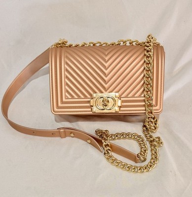 Most Wanted Stylish Crossbody Bag Jelly PVC W/Chain Strap+Lock Latch ROSE & GOLD