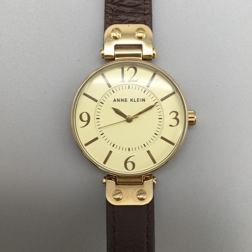 Anne Klein Watch Womens 34mm Gold Dial Brown Leather Band New Battery - Picture 7 of 16