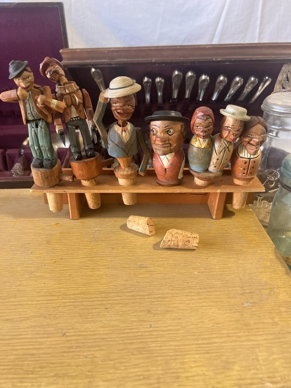 Vintage Wooden ANRI Figurine Bottle Stopper Set w/ Display Holder, 5pc ITALY