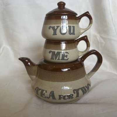 Vintage TEA FOR TWO Teapot with YOU/ME Cups Tea Set Brown Beige Cream Stoneware