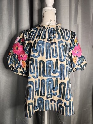 Lara Puff Sleeve Embroidered Boutique Boho Brush Stroke Abstract Blue SzL Womens