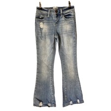 BKE Youth Girl s Light Wash Distressed Flare Jeans; Size 7; Adjustable Waist