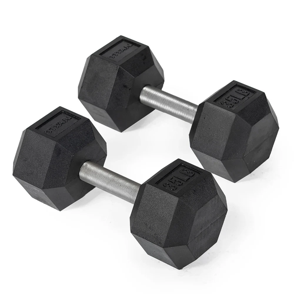 Titan Fitness 35 LB Pair Free Weights, Black Rubber Coated Hex Dumbbell