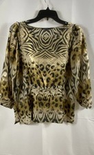 Johnny Was Women's Cheetah Print 100 Silk Long Sleeve Ruffle Blouse Size XS