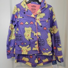 NEW NWT Pokemon Pikachu Girls Long Sleeve Fleece 2pc Pajama Set w/Shorts S 6/6X