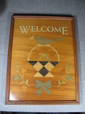 Vintage Figi Graphics Folk Art Wooden Wood Inlay 17'' x 13'' Framed Welcome Sign