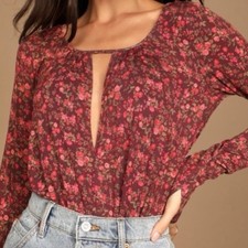 Free People Kaya V-Neck Floral Printed Thong Bodysuit Repaired