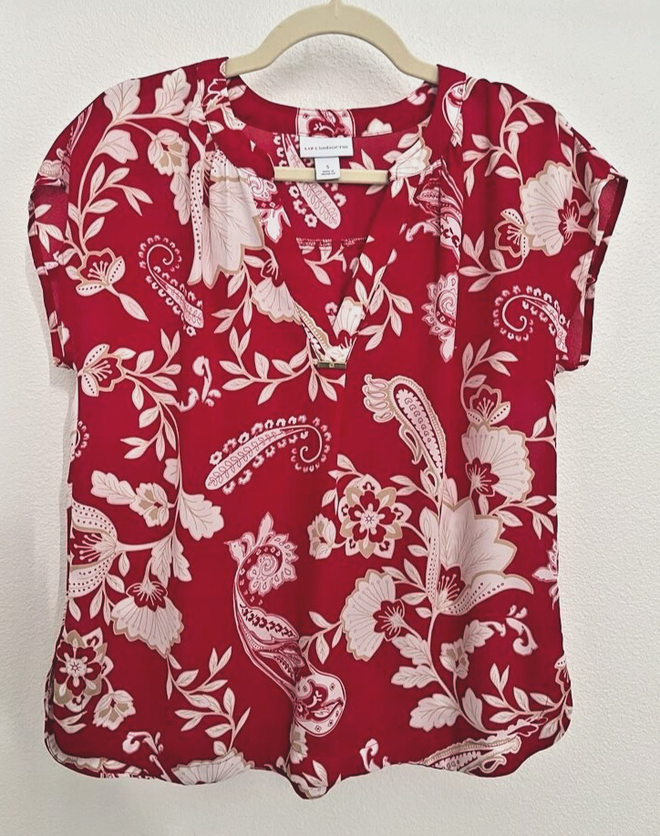 Liz Claiborne Women’s Red Floral Boho Retro Preppy V-Neck Tunic, Size Small