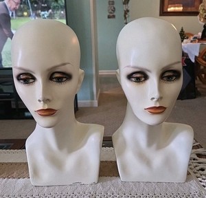 2 Vintage Fiberglass Mannequin Display Heads Painted Blue Eyes With Eyelashes