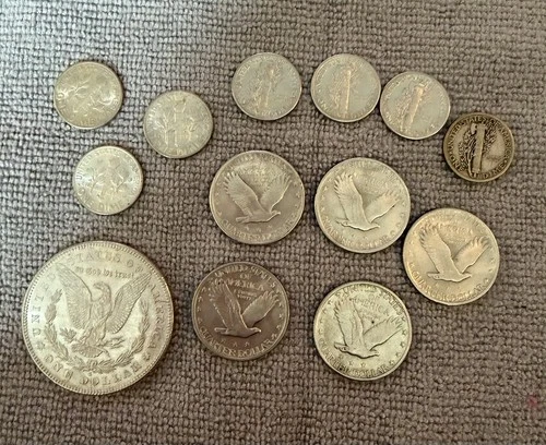 US Silver Coin Lot  Standing Liberty Quarters, Silver Dollar,  Dimes.
