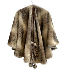 Vintage Faux Fur Gray White Shawl Stole Tie Front Classy Chic Holiday One Size