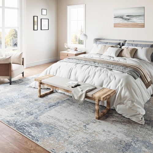 8x10 Washable Area Rug Blue Cream Neutral Abstract Living Room Bedroom Large ... - Picture 2 of 7