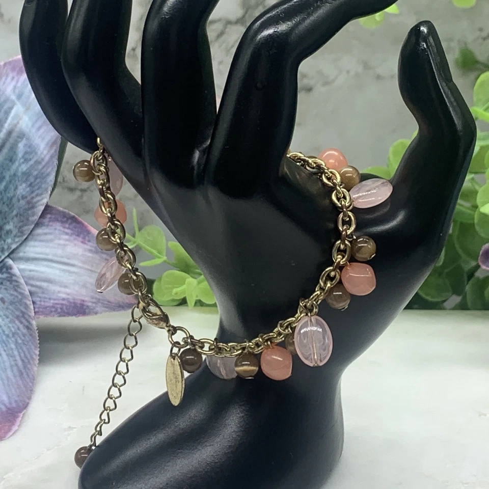 "Brazalete de cuentas acrílicas marrón rosa colgante cadena tono dorado 8-10"" George" Foto 3 de 4