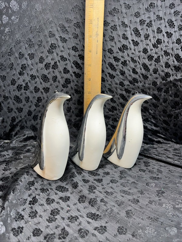 Silver and White Penguin Ornaments Set Of 3 Ceramic 6" x 3.5"