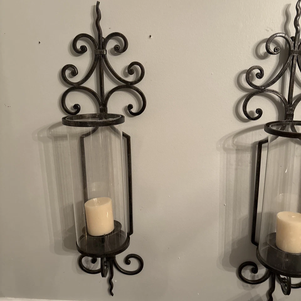 Apliques de hierro/vidrio de pared toscano (juego de dos) ¡con un poco brutalista! Foto 3 de 4
