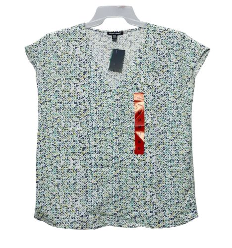 Hilary Radley sz:M Women's V-Neck Short Sleeve T-Shirt Printed Top Blouse Green