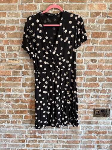 NEXT Gänseblümchenmuster schwarz Jersey knielang Faux Wickelkleid 16