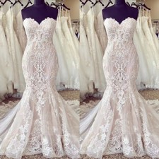 Boho Mermaid Wedding Dresses Strapless Sweep Train Lace Appliques Bridal Gowns