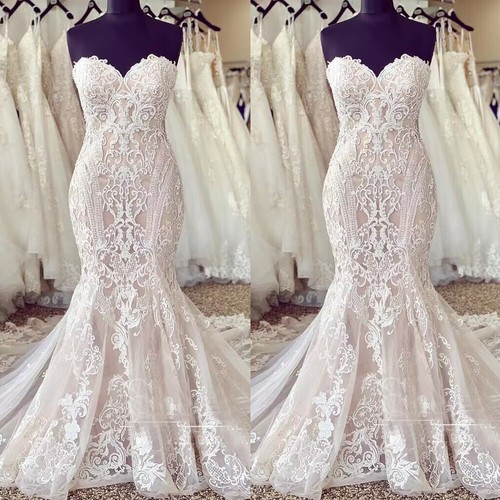 Champagne Mermaid Wedding Dresses Strapless Appliques Sweep Train Bridal Gowns - Picture 1 of 5