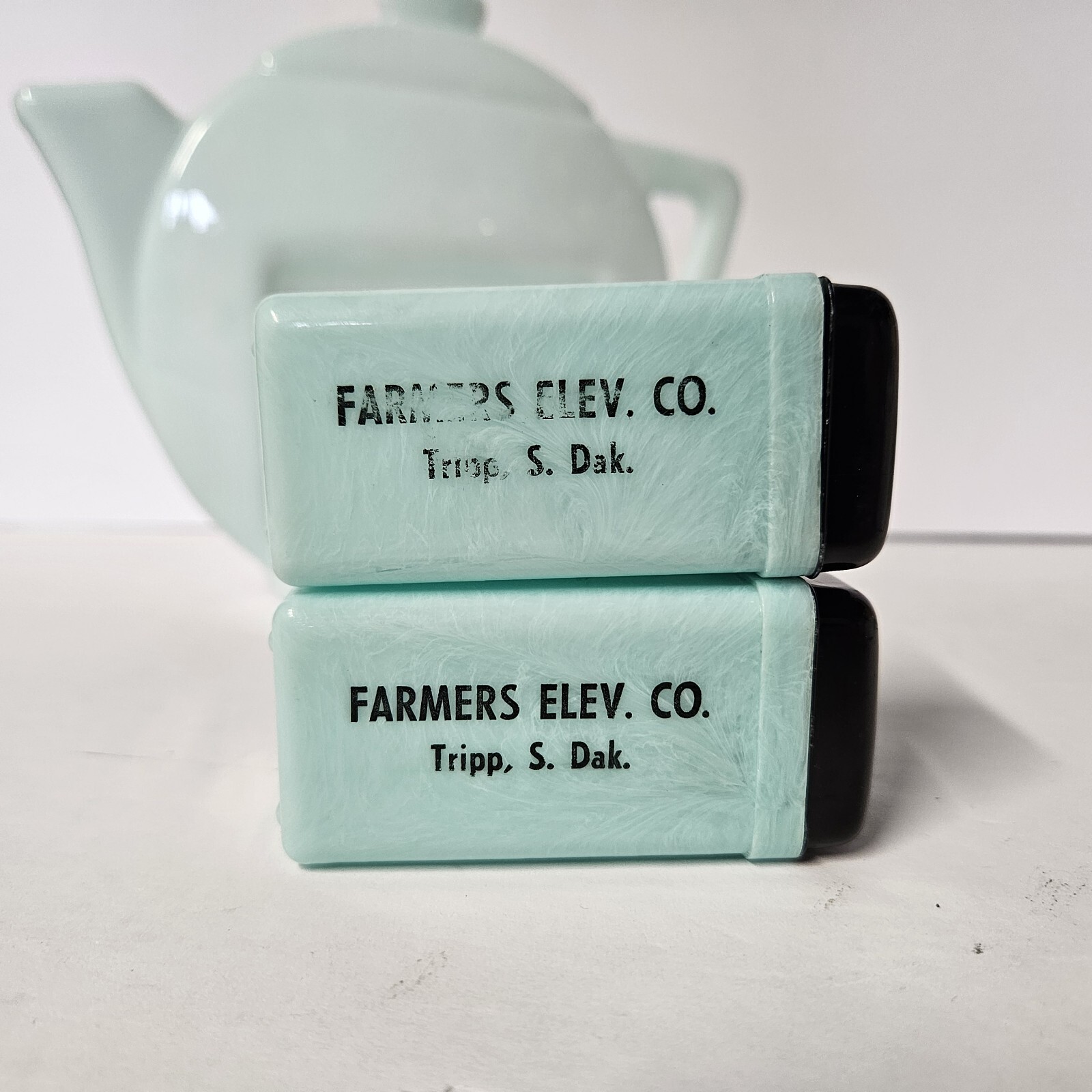 Vtg Superlon Light Aqua Teapot Salt Pepper Set Tripp, SD Elevator