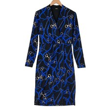 Tahari Faux Wrap Dress Womens Small Black Blue Chain Print Long Sleeve Lined