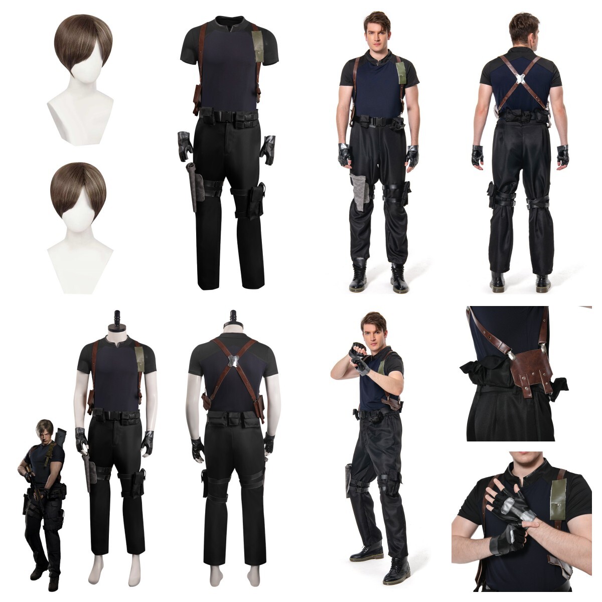 Evil 4 Leon Scott Kennedy Cosplay mens Black Deluxe Battle Costume 
