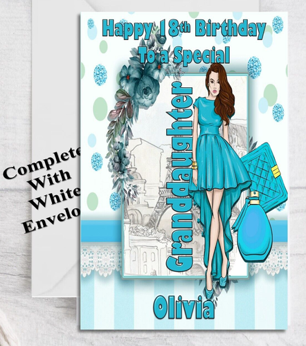 Personalised Birthday Card Paris Trendy lady in turquoise exploring the city - 第 1/3 張圖片