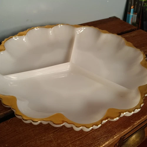 Vintage Anchor Hocking White Milk Glass Divided Serving Dish, Gold Rim