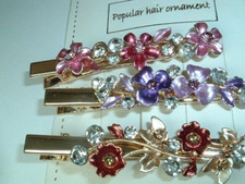 3 PINK PURPLE JEWELED ENAMEL RHINESTONE FLORAL HAIR CLIPS NWT
