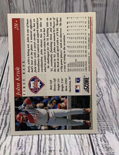 1994 Score John Kruk # 28 Philadelphia Phillies Baseball Card Used Good - Picture 2 of 4